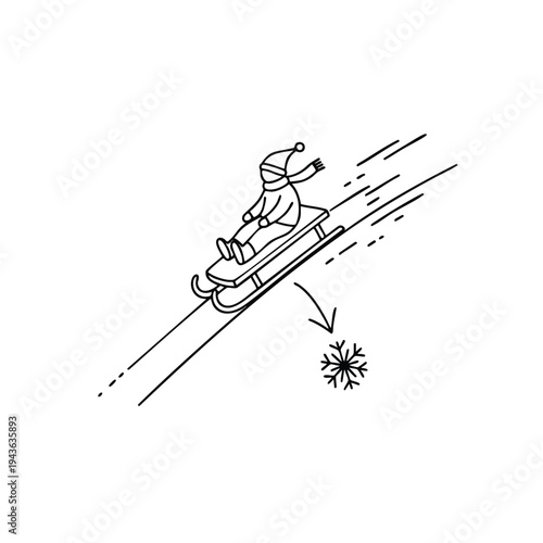 Child sledding downhill in winter snow with snowflake illustration.