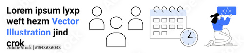 Business productivity, teamwork planning, time management, scheduling, software development, collaboration. Minimalist icons of people, calendar clock and a coding character. Teamwork and planning