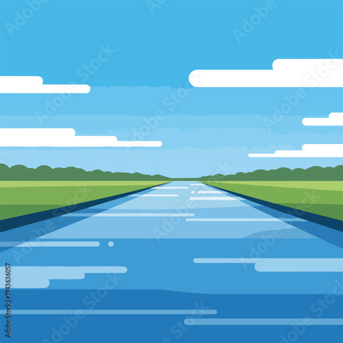 Pixelated landscape depicting a waterway under a bright blue sky