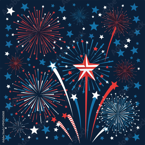 Patriotic night scene with red, white, and blue fireworks and stars