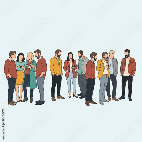 Group of people standing, using phones, and socializing