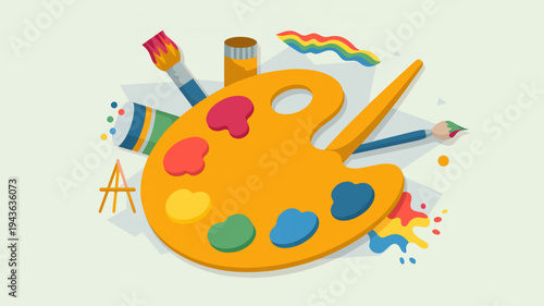 Colorful artist's paint palette with brushes and art supplies on a light background creative workspace