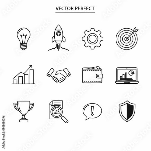 A collection of twelve black line-art icons representing various business concepts is displayed against a white background.