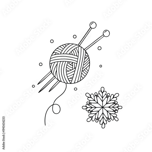 Knitting needles and yarn ball with snowflake illustration.
