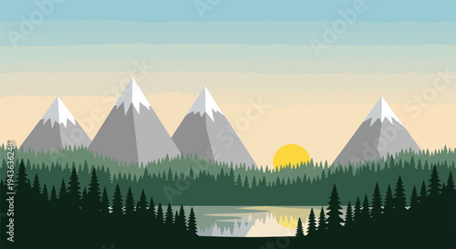 Simplified mountain landscape scene with a sunset, water, and trees