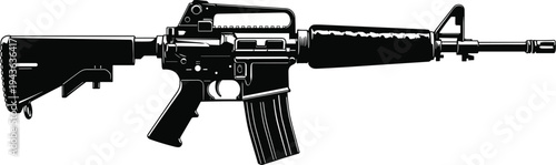 Black and white vector silhouette illustration of modern military assault rifle M4 carbine with collapsible stock, pistol grip, magazine, barrel, and tactical design
