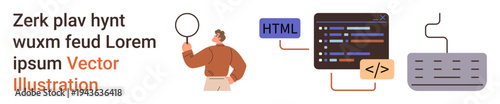 Web design, coding tutorials, education, programming, web development, and debugging process. A person holds a magnifying glass beside HTML symbols and code snippets. Web design and coding tutorials