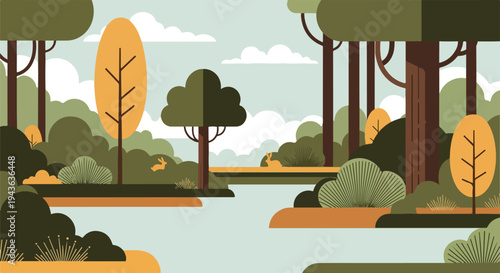 Stylized illustration of a tranquil forest scene with rabbits and trees