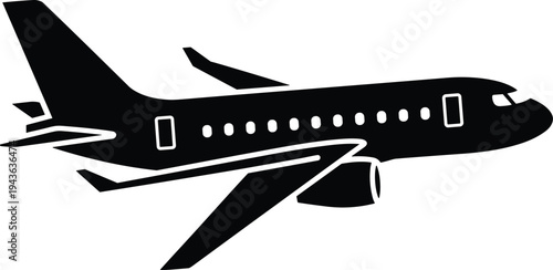 Black commercial airplane silhouette side view with wings, engines, and tail fin, symbolizing aviation, travel, transportation, aerodynamics, and passenger aircraft vector illustration design