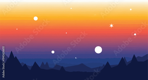 Stylized landscape with layered mountains, stars, and colorful sky