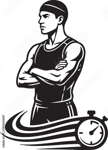 An athlete's portrait, poised for a race with a stopwatch illustration. 