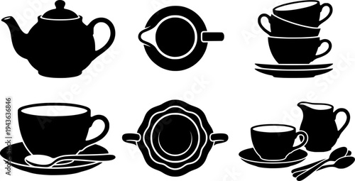 Flat silhouette vector tea set with teapot cups saucers spoons creamer arranged on white background minimalist kitchen dining icon