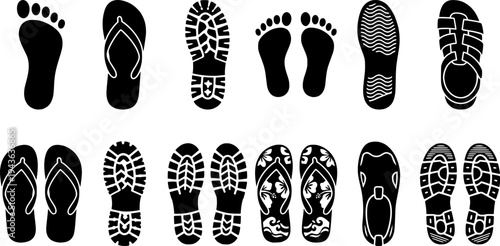 Flat design vector set of various footprints sandals flip flops boot treads bare feet top view black silhouettes icons collection