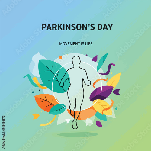 Stylized silhouette of a person running amidst colorful leaves and text