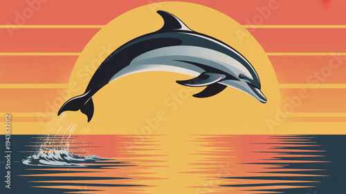 Dolphin jumping out of ocean water at sunset with vibrant orange and yellow sky