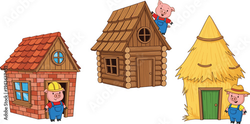 Three Little Pigs Fairy Tale Vector Illustration Featuring Straw House Log Cabin and Brick Home with Cute Cartoon Pig Characters on White Background