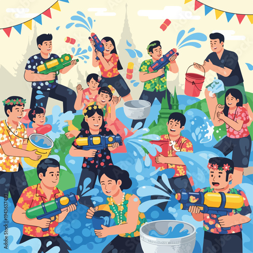 Group of people enjoying a water fight, using water guns and buckets with a joyful mood