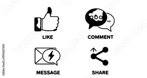 Black and white vector graphic set of social media interaction icons
