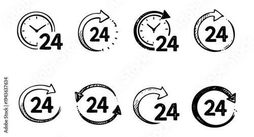 Set Of Twenty Four Hours Open Service Icons With Clock And Arrows
