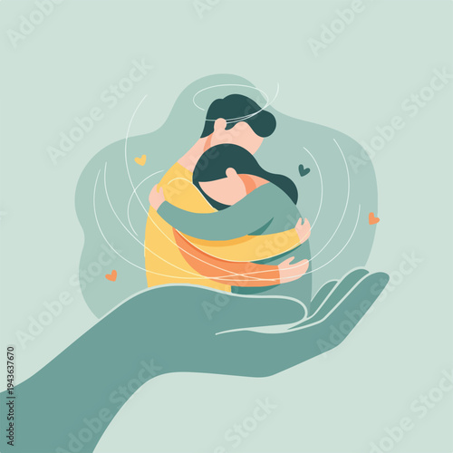Illustration of a couple embracing held within a supportive hand