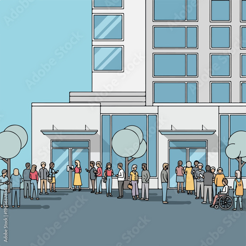 Illustration of a crowd of people in front of a building