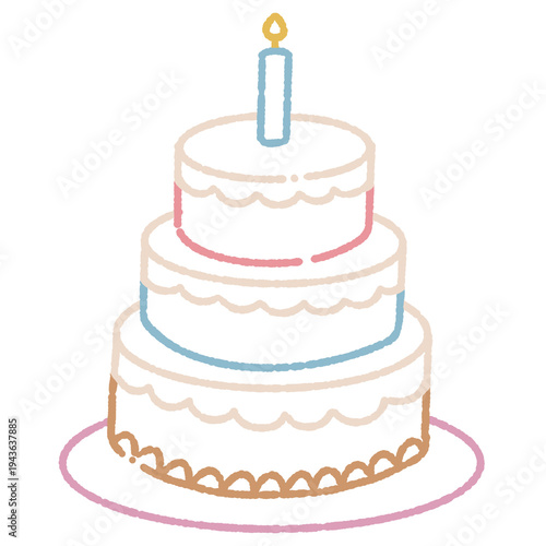 Cute Hand-Drawn Neon Style Three-Tier Birthday Cake with Candle and Colorful Outlines