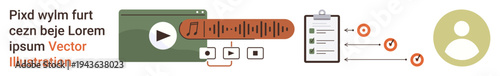 Content creation, media production, online learning, task management, digital streaming, workflow visualization. Play button, music design checklist and user icon in a conceptual layout. Content