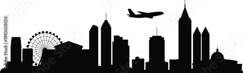 Atlanta Georgia skyline silhouette with Ferris wheel, airplane and modern downtown skyscrapers isolated on white background, urban cityscape vector illustration for travel design