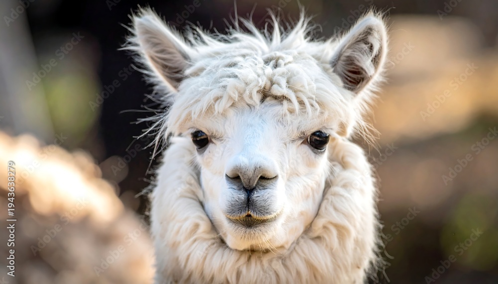 Fototapeta premium Close-up of a fluffy white alpaca staring directly at the viewer