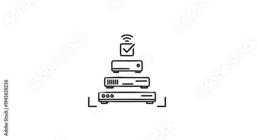 Stack of electronic devices with wifi and checkmark icon.