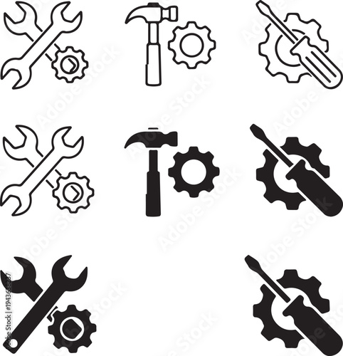 Collection of black and white icons depicting various tools and gears
