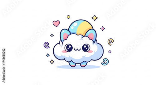 Cute cartoon cloud character with rainbow ears and heart symbols surrounded by sparkles and swirls on white background