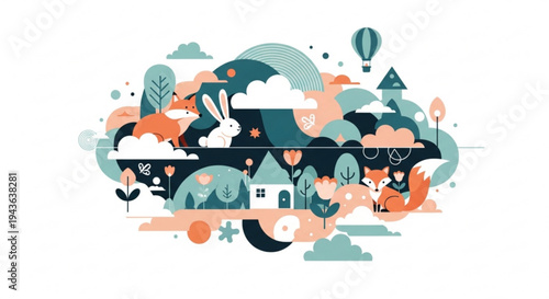 Whimsical forest scene with rabbit fox house trees clouds and hot air balloon in pastel colors