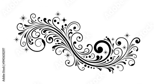 Elegant black floral swirl design with stars on white background for decoration and artistic projects