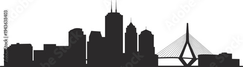 Boston Massachusetts skyline silhouette with Zakim Bridge and modern downtown skyscrapers isolated on white background, iconic urban cityscape vector illustration for travel