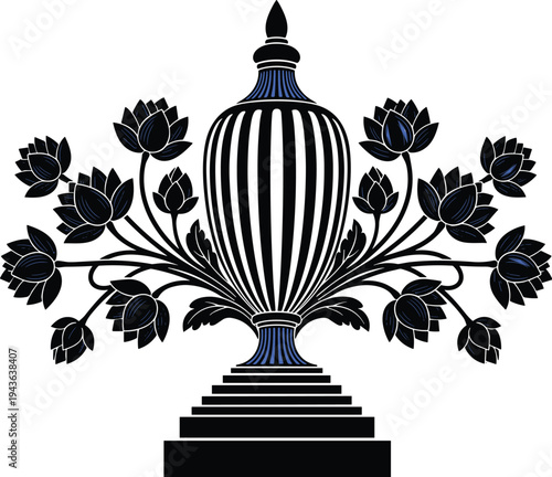 Ornate vase illustration, lotus flower artwork, symmetrical decorative design, classical motif vector, cultural symbolism sketch, black and blue ornamental drawing