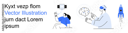 Virtual reality, brain science, remote tech, space exploration, futuristic design, creative thinking. a VR headset user, brain illustration headset and rocket. Virtual reality and brain science