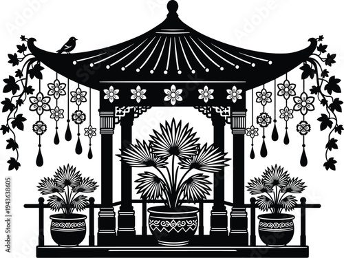 Asian pavilion illustration, traditional gazebo design, cultural architecture art, ornate roof sketch, decorative plant vector, bird perched artwork, black and white drawing