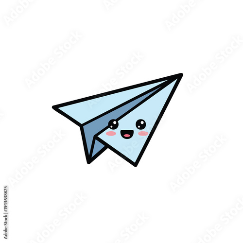 Cute cartoon paper airplane with happy face flying.