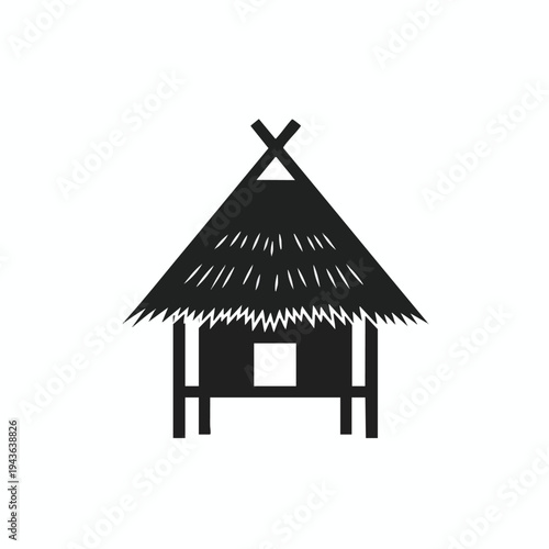 Simple black silhouette of a stilted hut with thatched roof