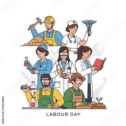 Illustration of various professions, celebrating Labour Day