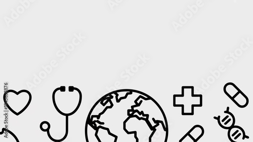Medical symbols and icons including stethoscope heart globe cross and dna on gray background for healthcare concepts
