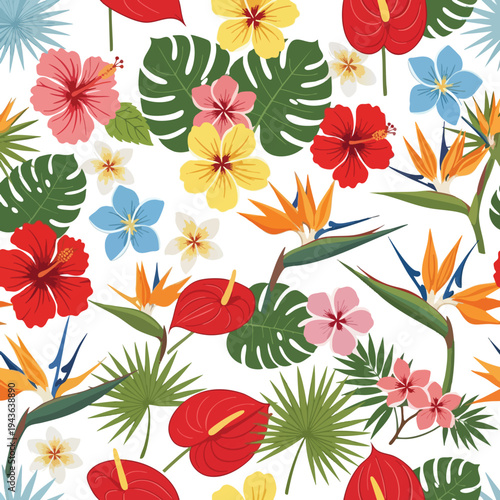 Vibrant tropical pattern with diverse exotic flowers and lush foliage