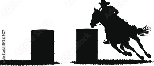 Barrel racing cowboy silhouette riding horse around barrels, western rodeo sport action scene isolated vector illustration of equestrian competition