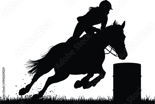 Barrel racing horse and rider silhouette jumping beside barrel, western rodeo equestrian sport action isolated vector illustration