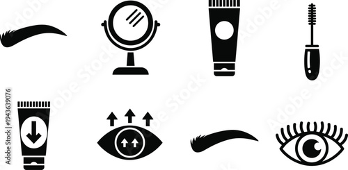Beauty makeup cosmetic icons set, eyebrow, mascara brush, mirror and eye care products symbols vector illustration isolated on white