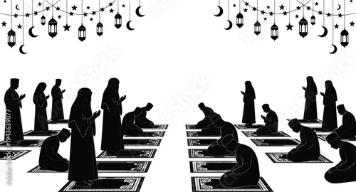 Islamic prayer illustration, Ramadan worship scene, Muslim people praying, crescent moon lantern art, religious celebration design, cultural tradition, spiritual devotion
