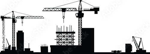 Construction site skyline silhouette with tower cranes, building framework and industrial machinery isolated on white background, urban development vector illustration for engineering design