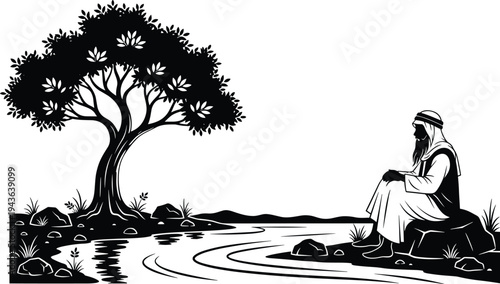 Meditation illustration, peaceful nature scene, contemplative figure, serene landscape drawing, tree and stream art, mindfulness design, spiritual reflection, harmony with environment