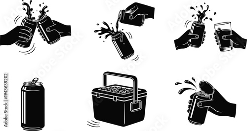 Beer cans cheers and opening soda drink silhouettes set, beverage celebration hands with splashing drink, picnic cooler box vector illustration